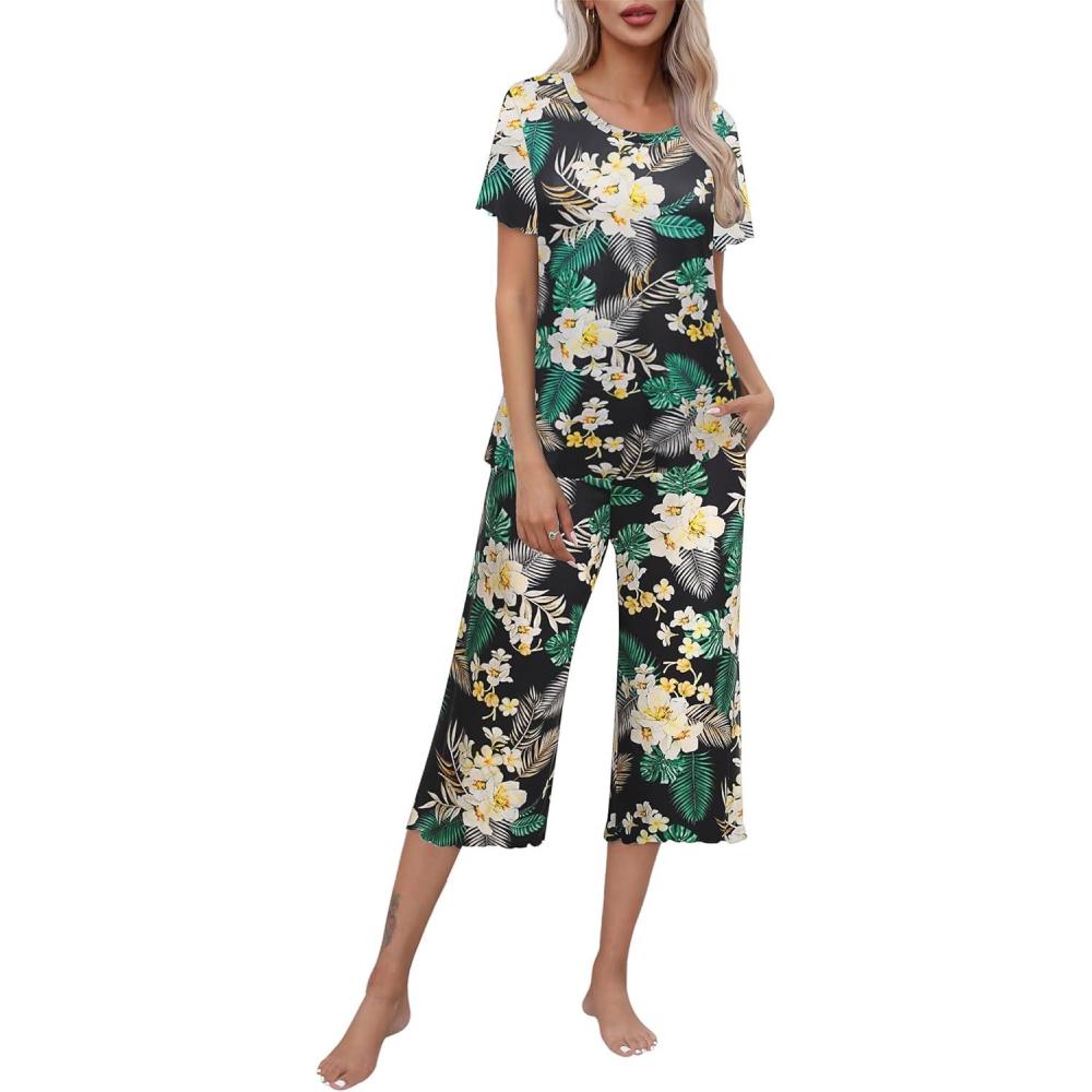 imageEkouaer Womens Pajamas Set Short Sleeve Top With Capri Pants Pjs Lounge amp Sleepwear Set SXXLBlackWhite FlowerGreen Leaf