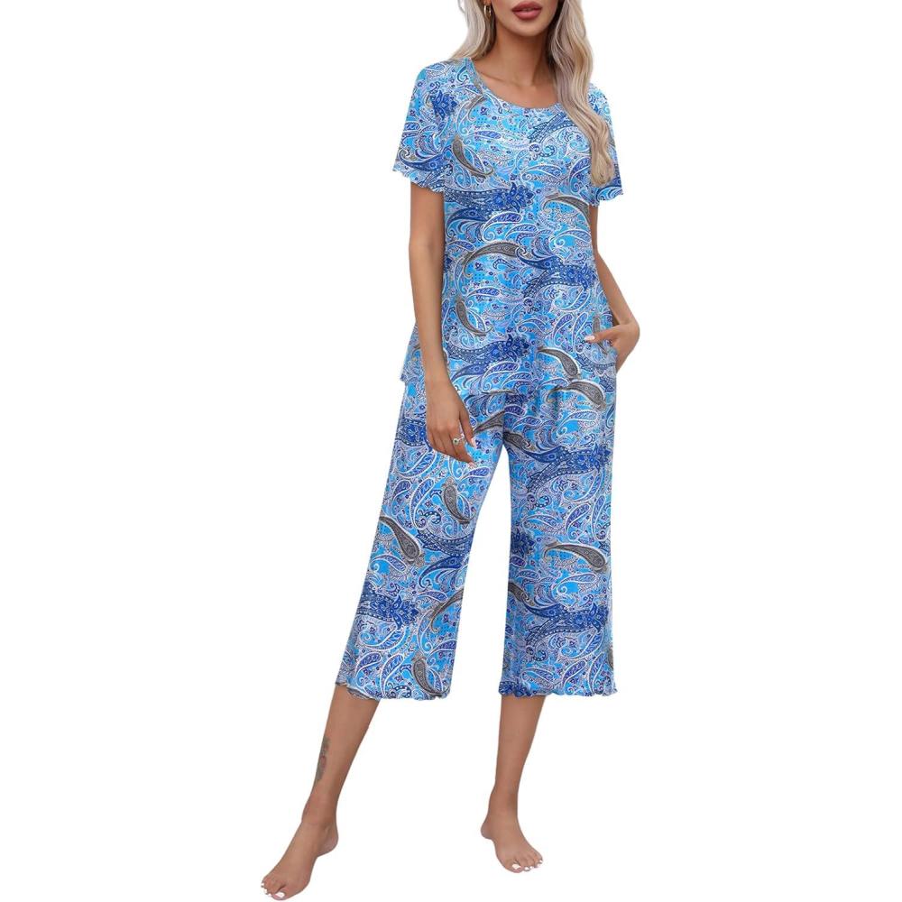 imageEkouaer Womens Pajamas Set Short Sleeve Top With Capri Pants Pjs Lounge amp Sleepwear Set SXXLCashew Navy Blue