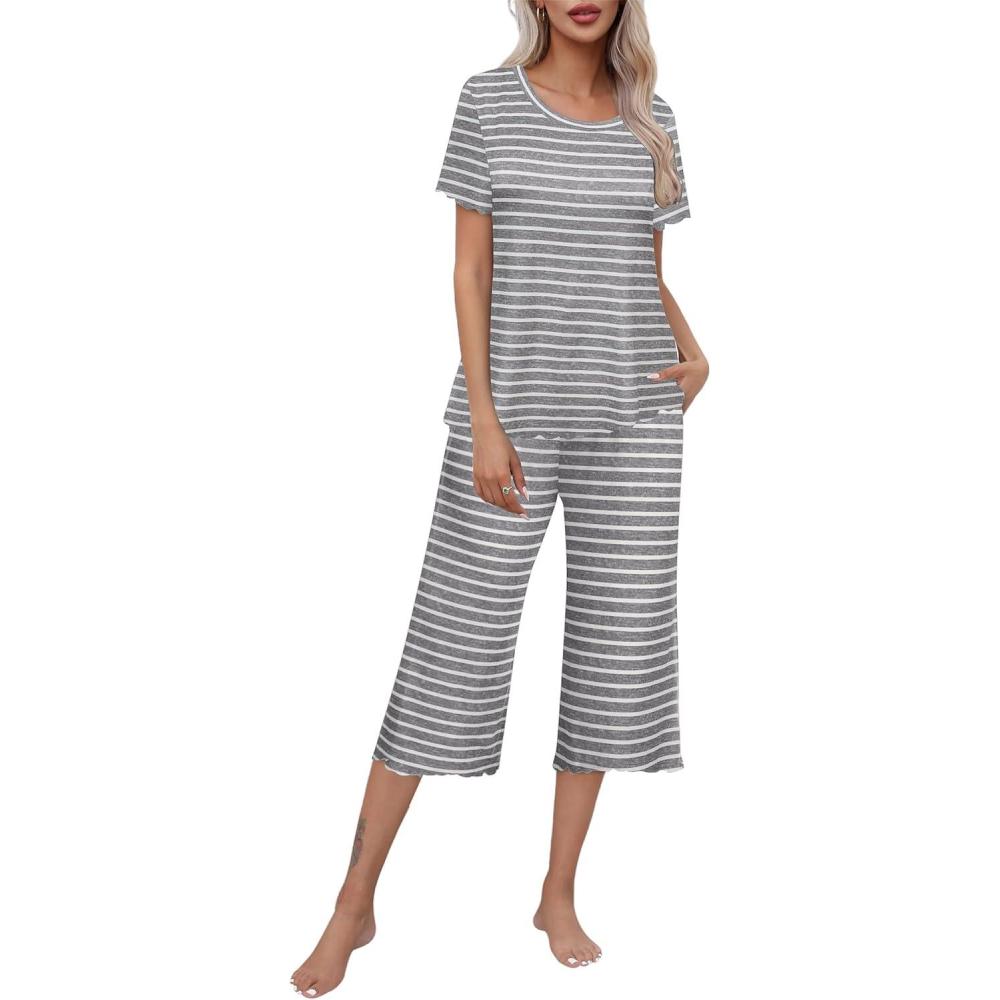 imageEkouaer Womens Pajamas Set Short Sleeve Top With Capri Pants Pjs Lounge amp Sleepwear Set SXXLGrayWhite Stripe