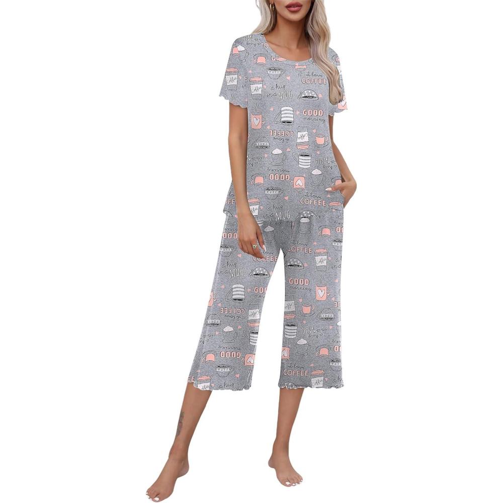 imageEkouaer Womens Pajamas Set Short Sleeve Top With Capri Pants Pjs Lounge amp Sleepwear Set SXXLGreyCoffee Cup