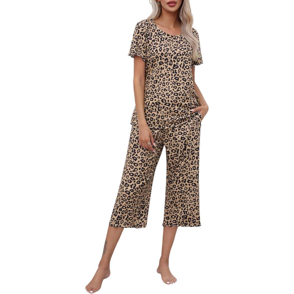 imageEkouaer Womens Pajamas Set Short Sleeve Top With Capri Pants Pjs Lounge amp Sleepwear Set SXXLLeopard