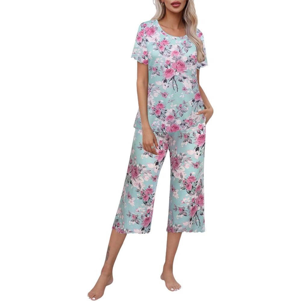 imageEkouaer Womens Pajamas Set Short Sleeve Top With Capri Pants Pjs Lounge amp Sleepwear Set SXXLMint GreenPink Rose