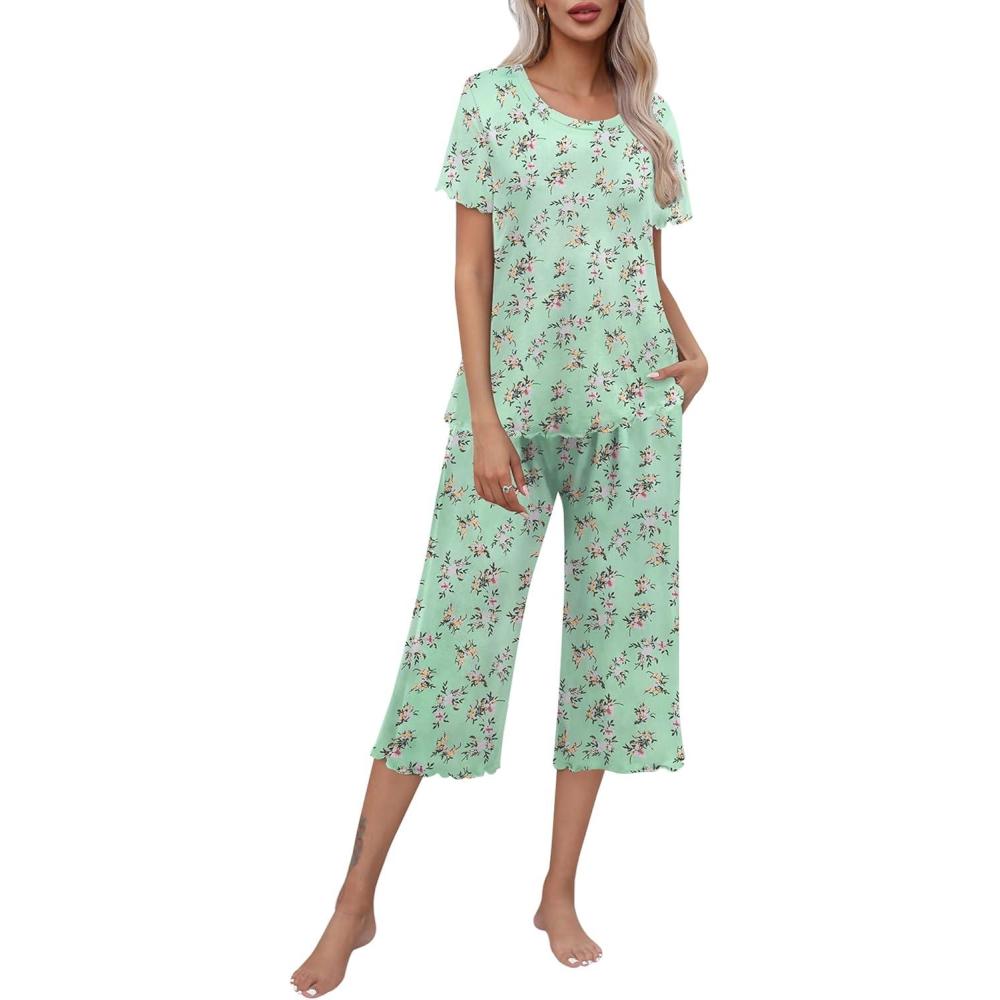 imageEkouaer Womens Pajamas Set Short Sleeve Top With Capri Pants Pjs Lounge amp Sleepwear Set SXXLMint GreenWhite Flower