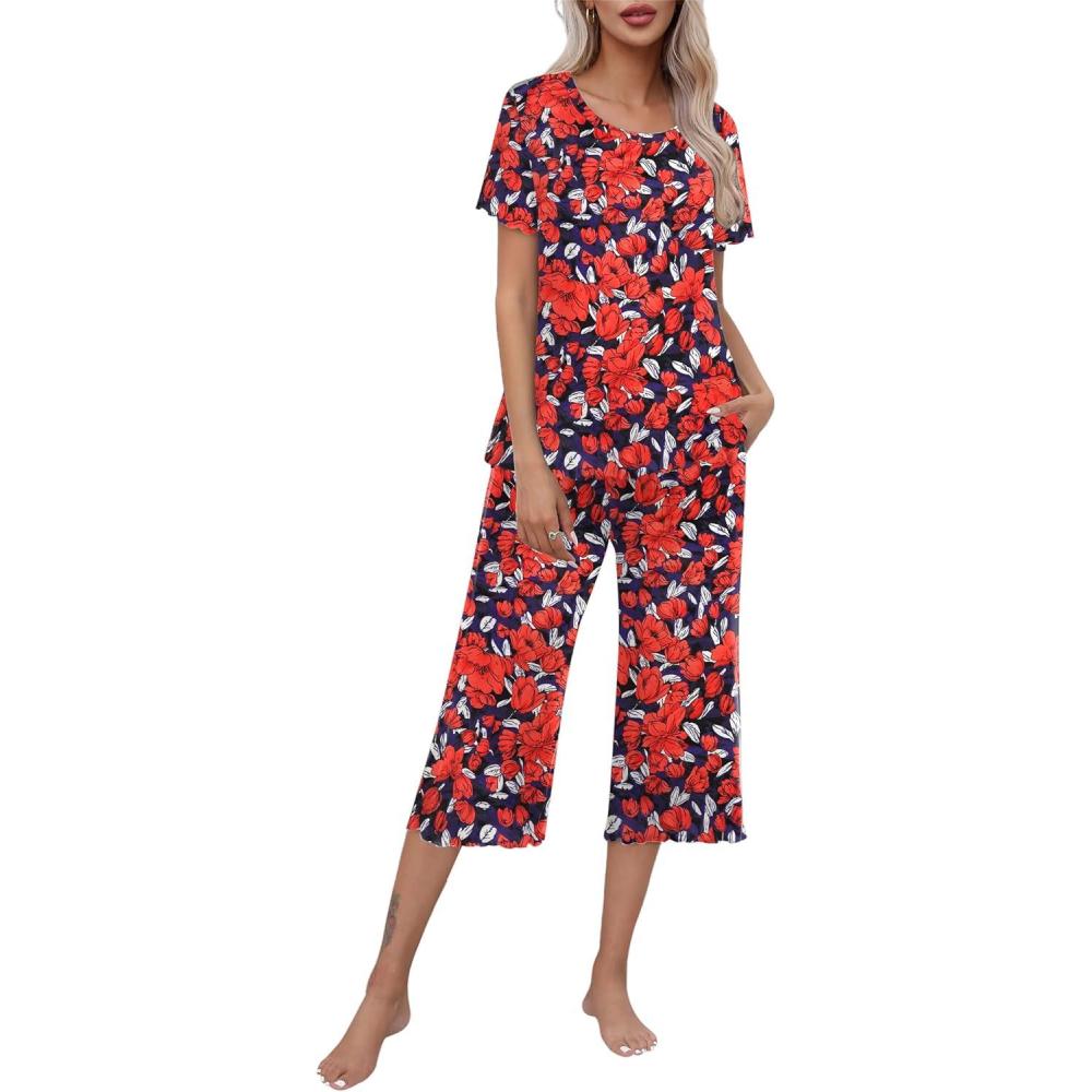 imageEkouaer Womens Pajamas Set Short Sleeve Top With Capri Pants Pjs Lounge amp Sleepwear Set SXXLNavy With Red Flower