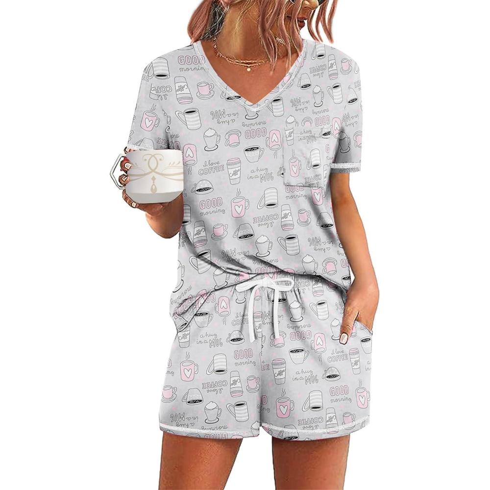 imageEkouaer Womens Pajamas Sets Short Sleeve Lounge Sets Sleepwear Casual Two Piece Pjs With PocketsCoffee Cup