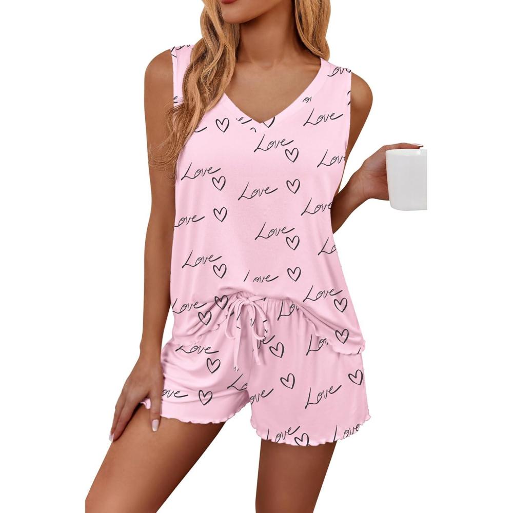 imageEkouaer Womens Pajamas Sets Soft Comfy Sleeveless Sleepwear Tank and Shorts Pj Set Summer 2 Piece LoungewearPink Love