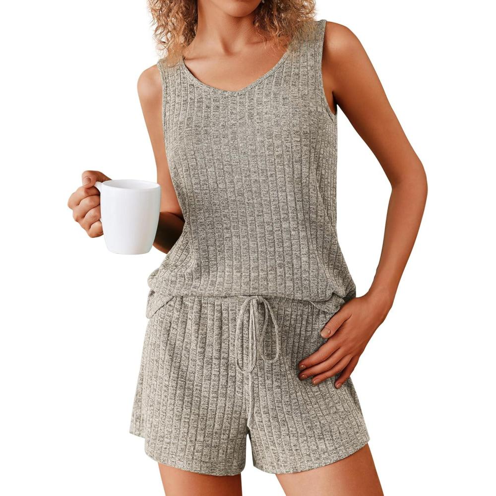 imageEkouaer Womens Pajamas Sleeveless V Neck Pjs Set Ribbed Knit Summer Loungewear Sleepwear SXXLKahki