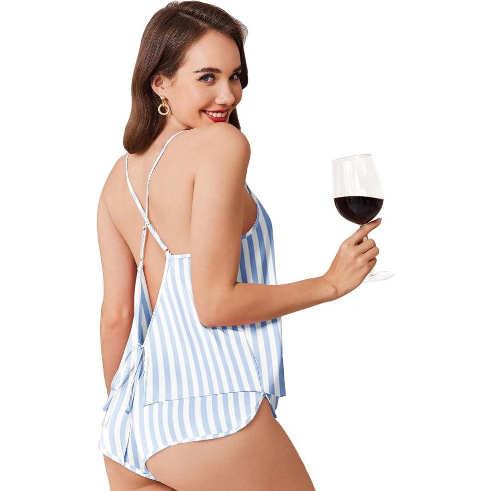 imageEkouaer Womens Satin Pajama Set Backless Cami Top and Shorts Soft Sleepwear for Lounging or SleepwearBlue Striped