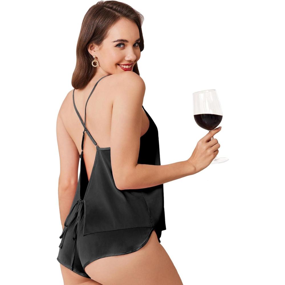 imageEkouaer Womens Satin Pajama Set Backless Cami Top and Shorts Soft Sleepwear for Lounging or SleepwearBright Black