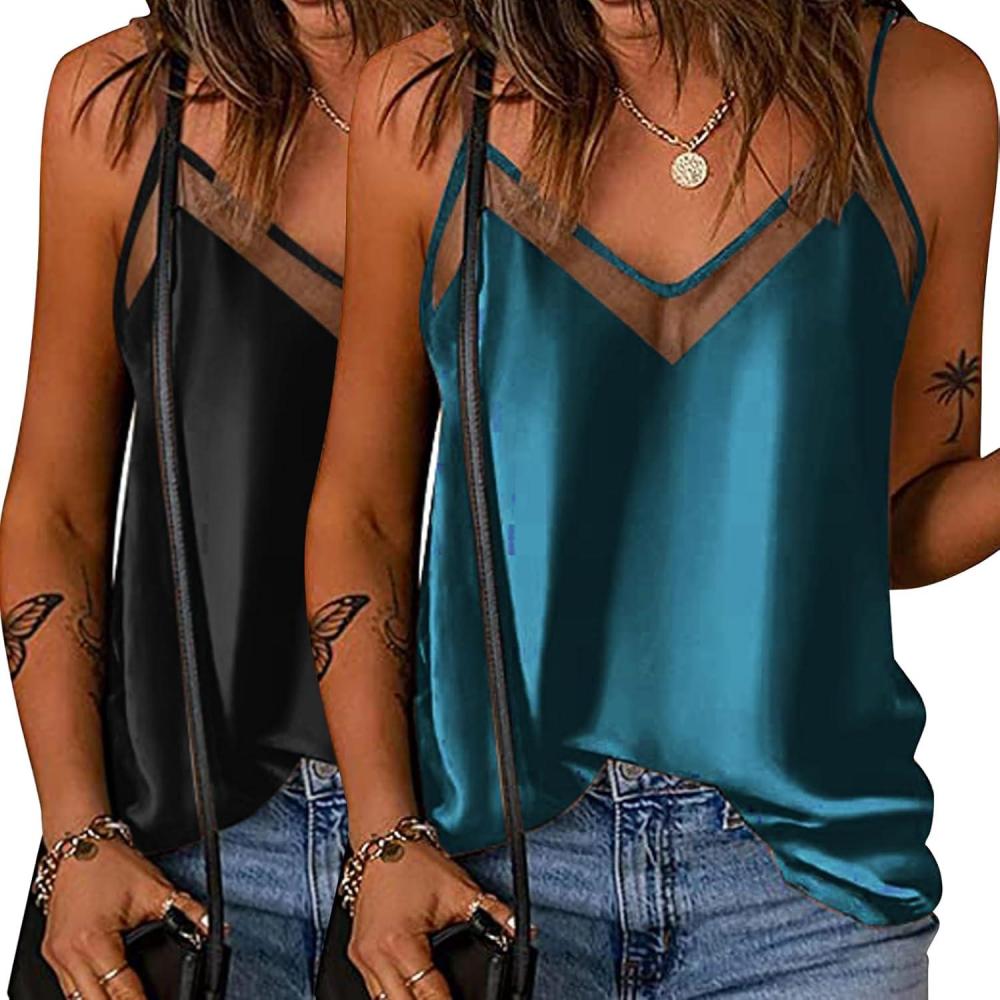 imageEkouaer Womens Silk Satin Cami Tank Top 2026 Mesh VNeck Adjustable Strap Sleeveless Summer Camisole BlouseBlackBlue Green