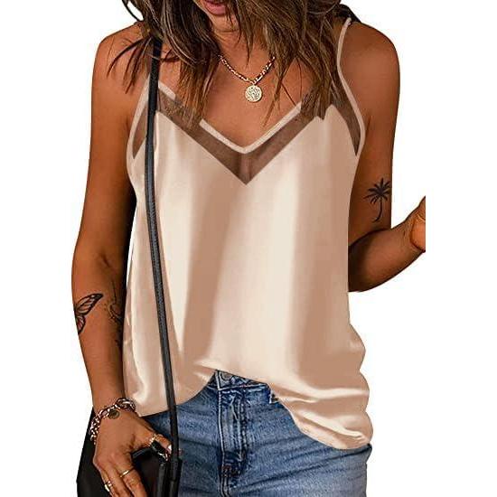 imageEkouaer Womens Silk Satin Cami Tank Top 2026 Mesh VNeck Adjustable Strap Sleeveless Summer Camisole BlouseChampagne