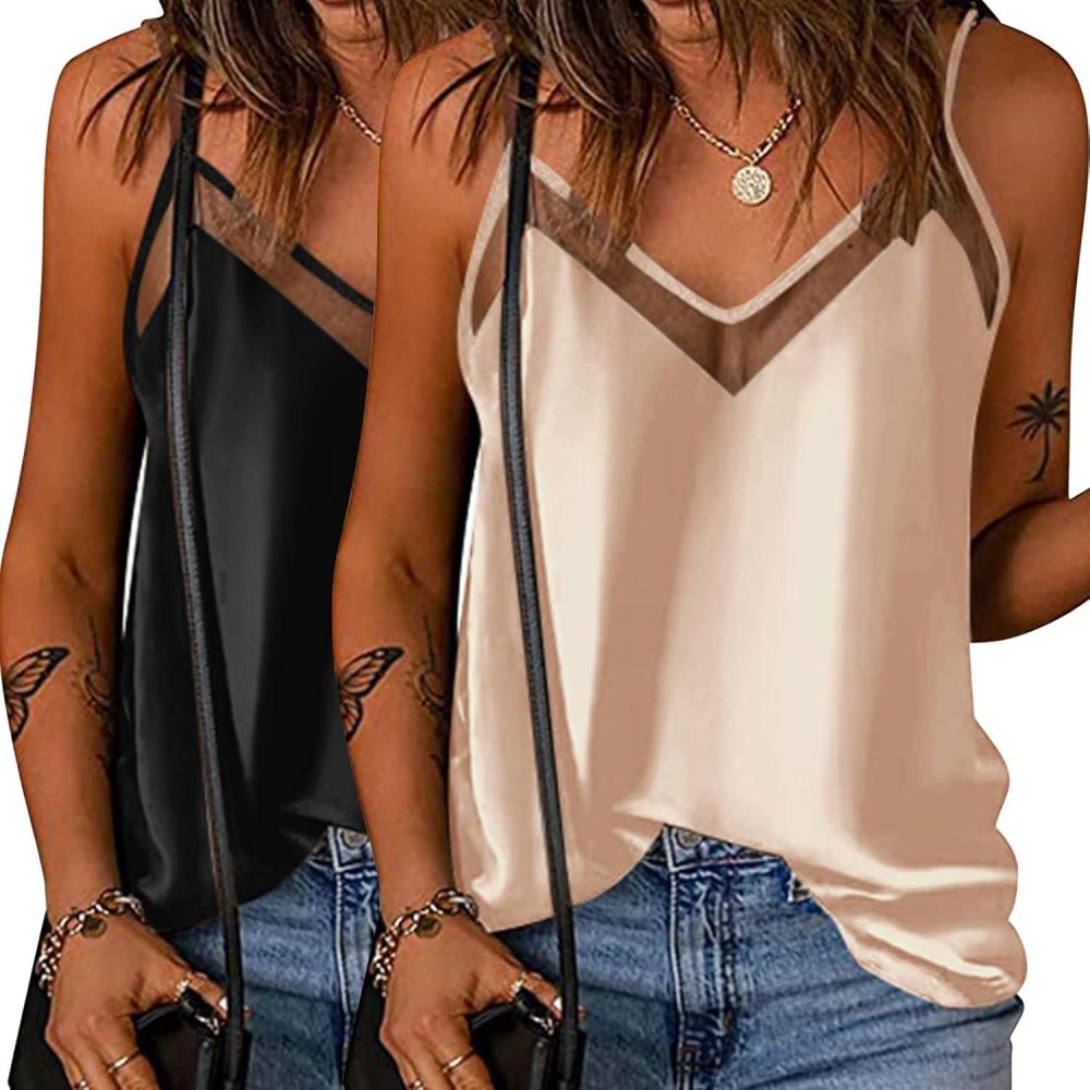 imageEkouaer Womens Silk Satin Cami Tank Top 2026 Mesh VNeck Adjustable Strap Sleeveless Summer Camisole BlouseChampagneBlack