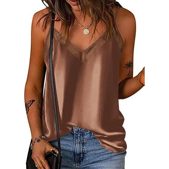 imageEkouaer Womens Silk Satin Cami Tank Top 2026 Mesh VNeck Adjustable Strap Sleeveless Summer Camisole BlouseCoffee