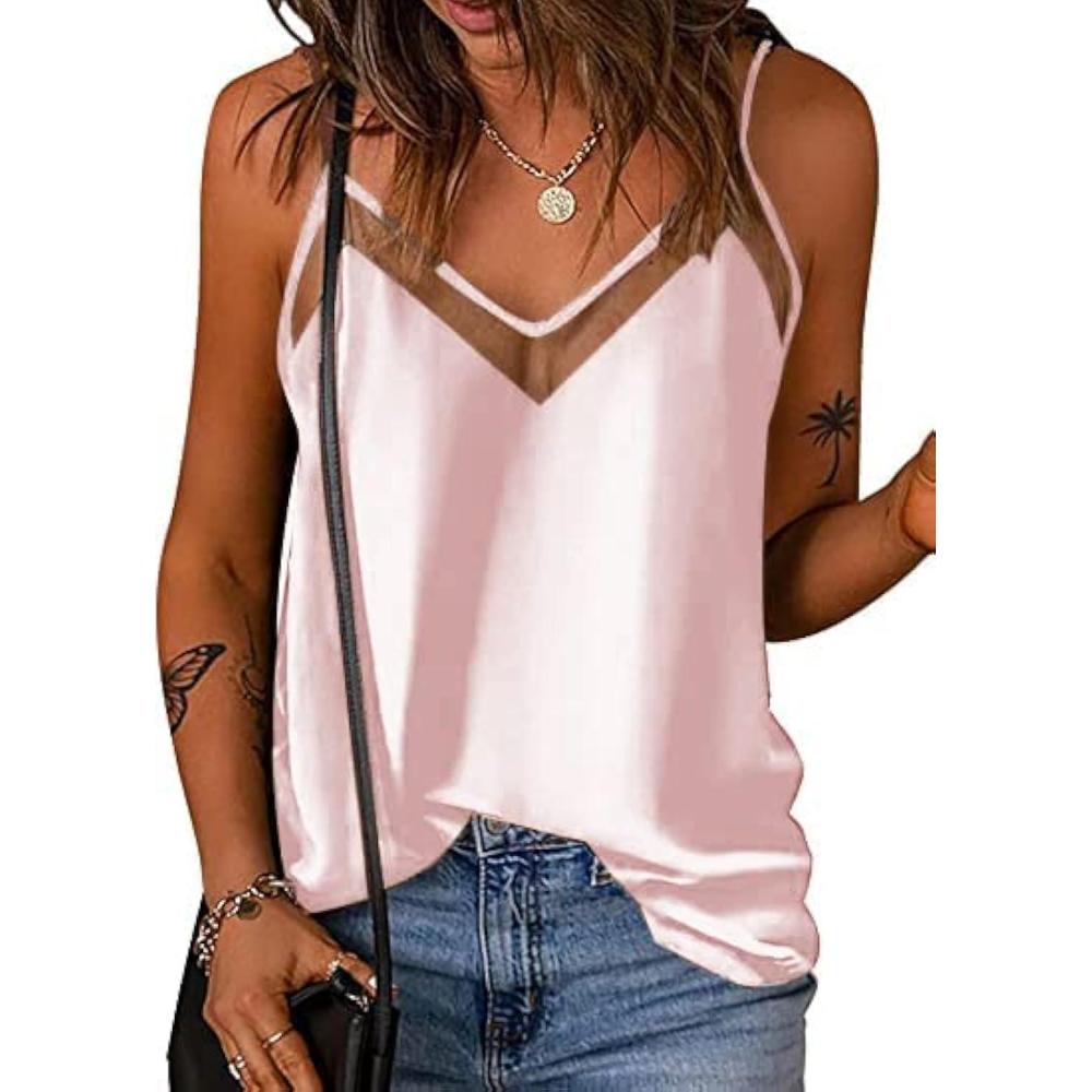 imageEkouaer Womens Silk Satin Cami Tank Top 2026 Mesh VNeck Adjustable Strap Sleeveless Summer Camisole BlouseLight Pink