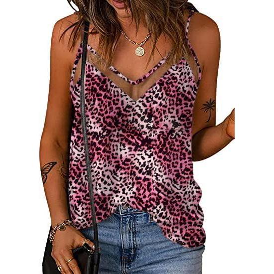 imageEkouaer Womens Silk Satin Cami Tank Top 2026 Mesh VNeck Adjustable Strap Sleeveless Summer Camisole BlousePinkBlack Leopard