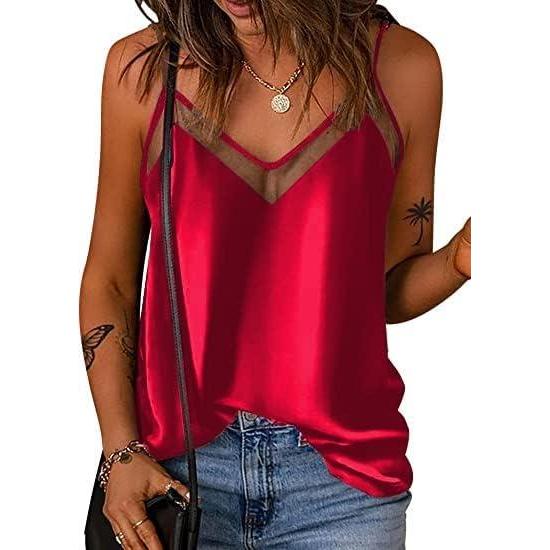 imageEkouaer Womens Silk Satin Cami Tank Top 2026 Mesh VNeck Adjustable Strap Sleeveless Summer Camisole BlouseRed