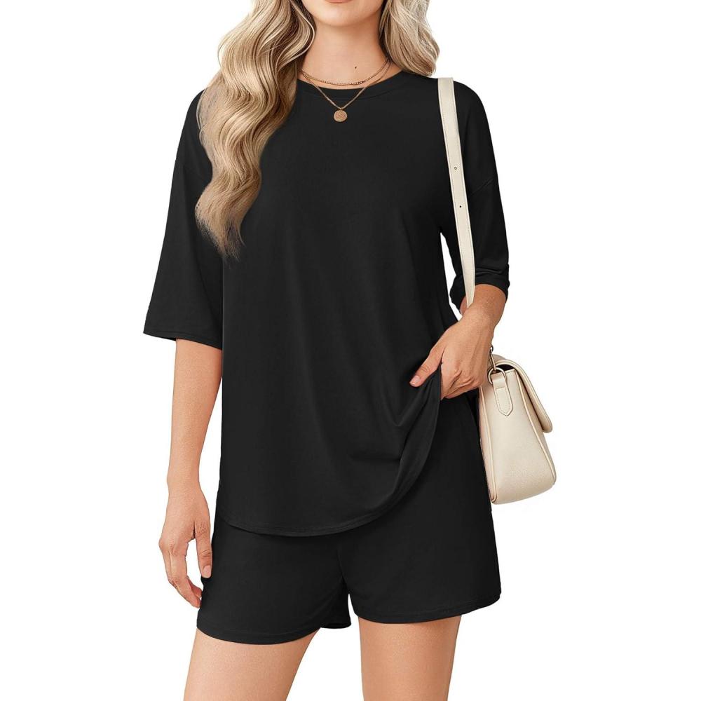 imageEkouaer Womens Two Piece Lounge Set Oversized Boxy Tshirt Casual Short Sets Summer Travel Matching Set 2026 FashionBlack