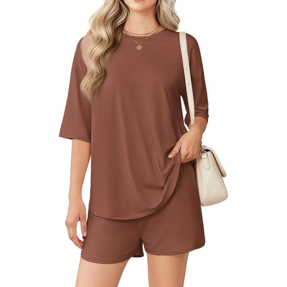 imageEkouaer Womens Two Piece Lounge Set Oversized Boxy Tshirt Casual Short Sets Summer Travel Matching Set 2026 FashionBrown