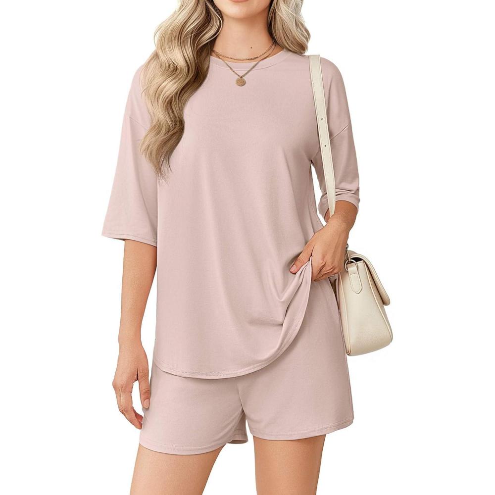 imageEkouaer Womens Two Piece Lounge Set Oversized Boxy Tshirt Casual Short Sets Summer Travel Matching Set 2026 FashionChampagne