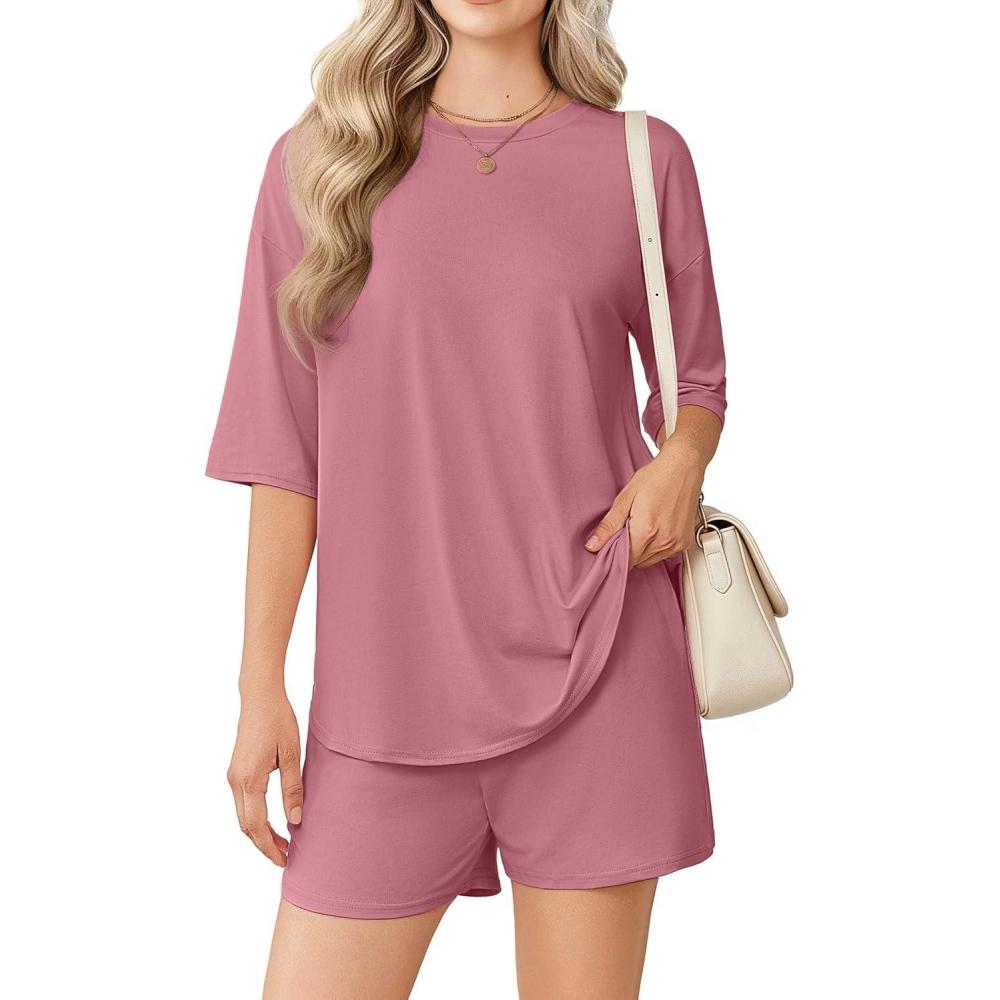 imageEkouaer Womens Two Piece Lounge Set Oversized Boxy Tshirt Casual Short Sets Summer Travel Matching Set 2026 FashionDark Pink
