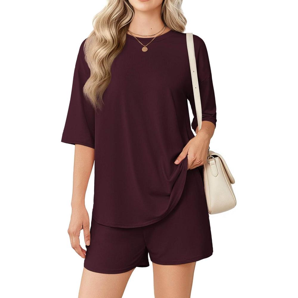 imageEkouaer Womens Two Piece Lounge Set Oversized Boxy Tshirt Casual Short Sets Summer Travel Matching Set 2026 FashionDark Red
