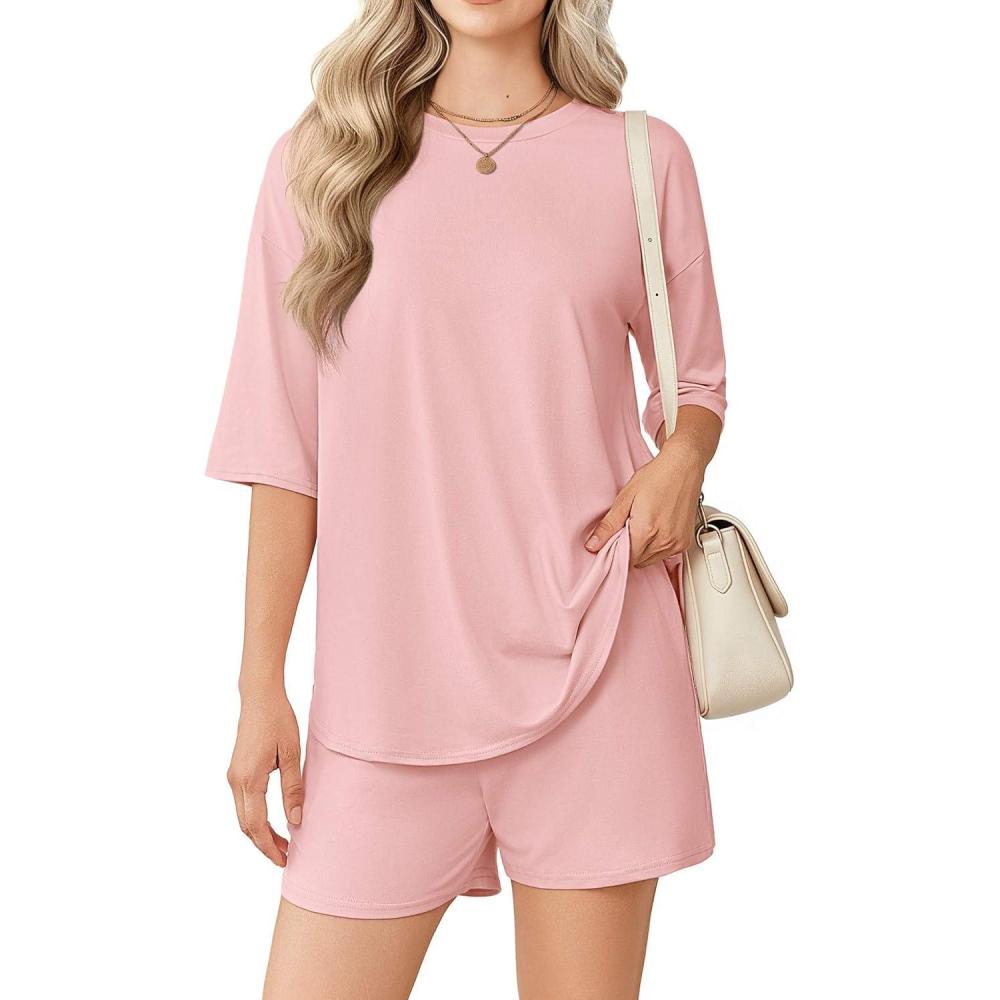 imageEkouaer Womens Two Piece Lounge Set Oversized Boxy Tshirt Casual Short Sets Summer Travel Matching Set 2026 FashionLight Pink