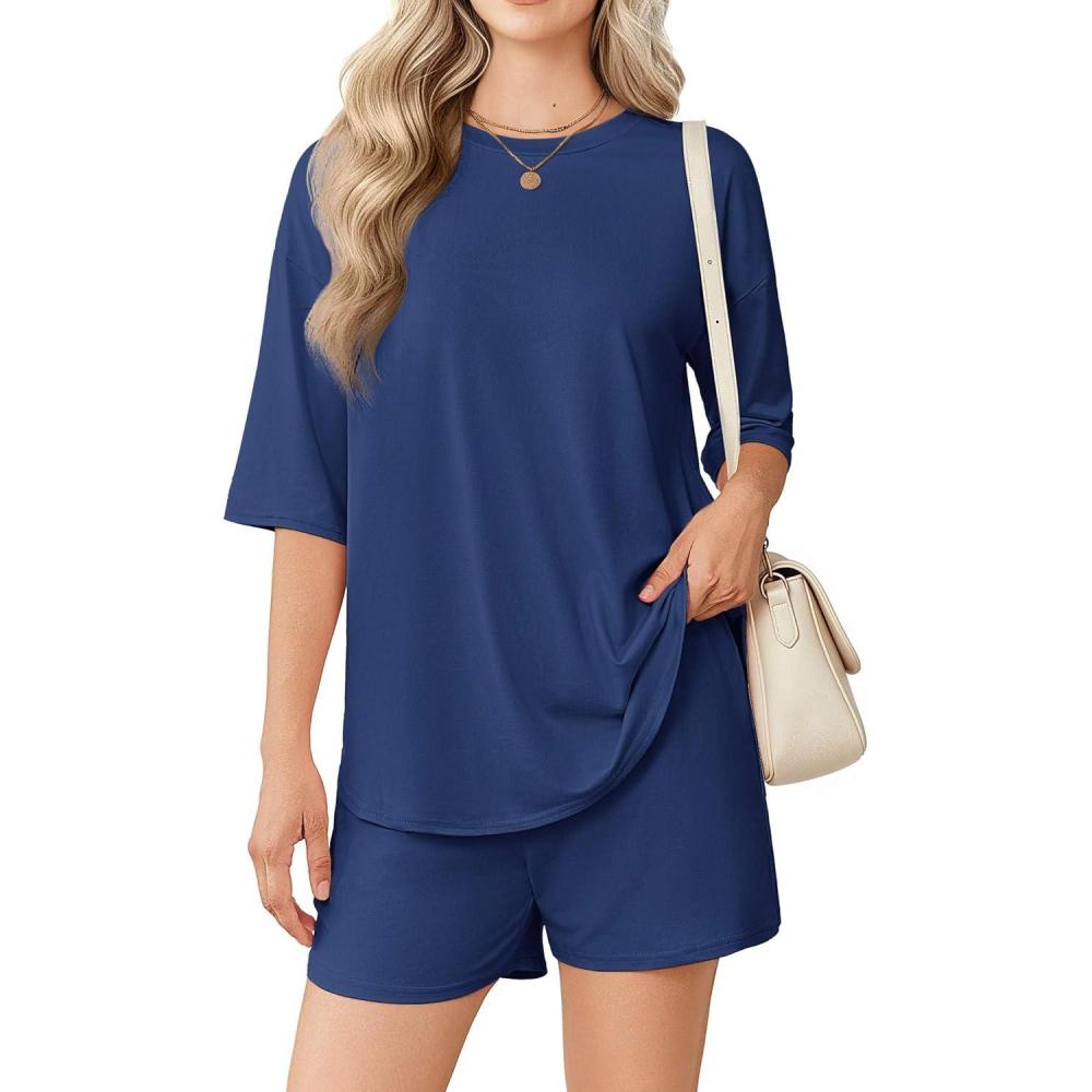 imageEkouaer Womens Two Piece Lounge Set Oversized Boxy Tshirt Casual Short Sets Summer Travel Matching Set 2026 FashionNavy Blue
