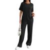 Ekouaer Lounge Sets for Women 2 Piece Matching Travel Outfits 2026 Loose Short Sleeve Top Wide Leg Pants Pockets(Black)