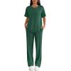 Ekouaer Lounge Sets for Women 2 Piece Matching Travel Outfits 2026 Loose Short Sleeve Top Wide Leg Pants Pockets(Forestgreen)
