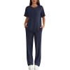Ekouaer Lounge Sets for Women 2 Piece Matching Travel Outfits 2026 Loose Short Sleeve Top Wide Leg Pants Pockets(Navy Blue)
