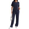 Ekouaer Lounge Sets for Women 2 Piece Matching Travel Outfits 2026 Loose Short Sleeve Top Wide Leg Pants Pockets(Navy Blue)