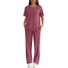 Ekouaer Lounge Sets for Women 2 Piece Matching Travel Outfits 2026 Loose Short Sleeve Top Wide Leg Pants Pockets(Rose Red)