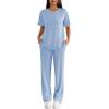 Ekouaer Lounge Sets for Women 2 Piece Matching Travel Outfits 2026 Loose Short Sleeve Top Wide Leg Pants Pockets(Sky Blue)