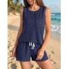 Ekouaer Two Piece Summer Outfits 2 Piece Sets Cruise Lounge Set Sleeveless Tank & Shorts Pajama Set with Pockets(Navy Blue)