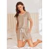 Ekouaer Womens Pajama Set Ribbed Knit Soft Shorts Pjs Summer Sleepwear Two Piece Casual Lounge Sets with Drawstring & Pockets(Khaki)