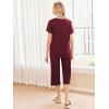 Ekouaer Women’s Pajamas Set Short Sleeve Top With Capri Pants Pjs 2 PIece Lounge & Sleepwear Set S-XXL(Deep Red)
