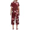 Ekouaer Women’s Pajamas Set Short Sleeve Top With Capri Pants Pjs Lounge & Sleepwear Set S-XXL(02 Floral Wine)