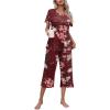 Ekouaer Women’s Pajamas Set Short Sleeve Top With Capri Pants Pjs Lounge & Sleepwear Set S-XXL(02 Floral Wine)