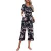 Ekouaer Women’s Pajamas Set Short Sleeve Top With Capri Pants Pjs Lounge & Sleepwear Set S-XXL(0-black With Pink Floral)