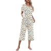 Ekouaer Women’s Pajamas Set Short Sleeve Top With Capri Pants Pjs Lounge & Sleepwear Set S-XXL(0-white With Leaves)