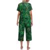 Ekouaer Women’s Pajamas Set Short Sleeve Top With Capri Pants Pjs Lounge & Sleepwear Set S-XXL(Black/Dark Green Leaves)