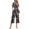 Ekouaer Women’s Pajamas Set Short Sleeve Top With Capri Pants Pjs Lounge & Sleepwear Set S-XXL(Black/Pink Flower)