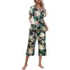 Ekouaer Women’s Pajamas Set Short Sleeve Top With Capri Pants Pjs Lounge & Sleepwear Set S-XXL(Black/White Flower/Green Leaf)
