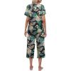 Ekouaer Women’s Pajamas Set Short Sleeve Top With Capri Pants Pjs Lounge & Sleepwear Set S-XXL(Black/White Flower/Green Leaf)