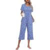 Ekouaer Women’s Pajamas Set Short Sleeve Top With Capri Pants Pjs Lounge & Sleepwear Set S-XXL(Blue/White Pot)