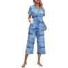 Ekouaer Women’s Pajamas Set Short Sleeve Top With Capri Pants Pjs Lounge & Sleepwear Set S-XXL(Cashew Navy Blue)