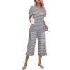 Ekouaer Women’s Pajamas Set Short Sleeve Top With Capri Pants Pjs Lounge & Sleepwear Set S-XXL(Gray/White Stripe)