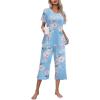 Ekouaer Women’s Pajamas Set Short Sleeve Top With Capri Pants Pjs Lounge & Sleepwear Set S-XXL(Light Blue/Whit Flower)