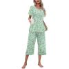 Ekouaer Women’s Pajamas Set Short Sleeve Top With Capri Pants Pjs Lounge & Sleepwear Set S-XXL(Mint Green/White Flower)
