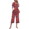 Ekouaer Women’s Pajamas Set Short Sleeve Top With Capri Pants Pjs Lounge & Sleepwear Set S-XXL(Navy With Red Flower)